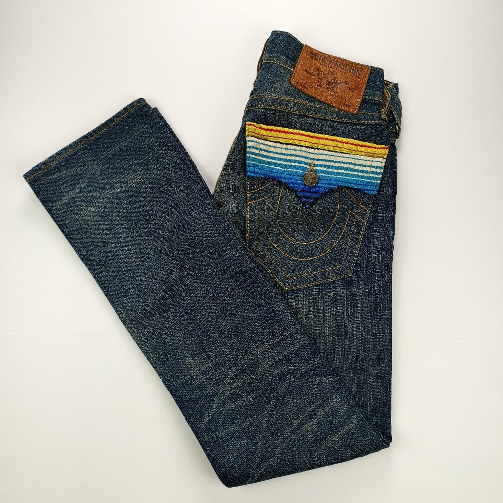 Rare True Religion Baja Stripe Pocket Jeans Mens 28 USA Made Vintage Collectible